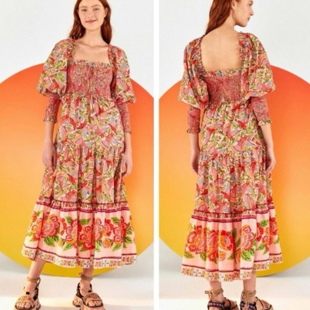Farm Rio PINK MACAW FLIGHT SMOCKED TOP MAXI DRESS small